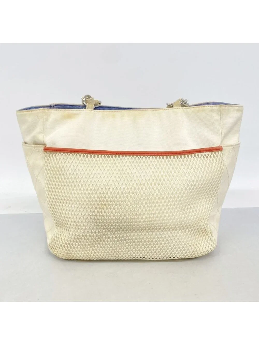 Chanel Chain Tote Bag Canvas White Blue Silver